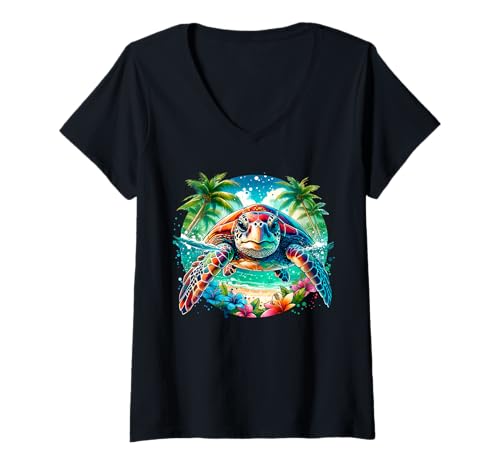 Damen Aquarell Meeresschildkröte - Aquarell - Meer - Schildkröte - Grafik T-Shirt mit V-Ausschnitt Damen Aquarell Meeresschildkröte - Aquarell - Meer - Schildkröte - Grafik T-Shirt mit V-Ausschnitt von Watercolor Sea Turtle
