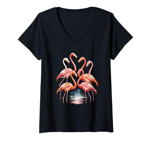 Damen Lustiger Flamingo Spruch Tropische Vogelgruppe See Damen Herren T-Shirt mit V-Ausschnitt von Watercolor Wildlife Pink Nature Summer Vacation