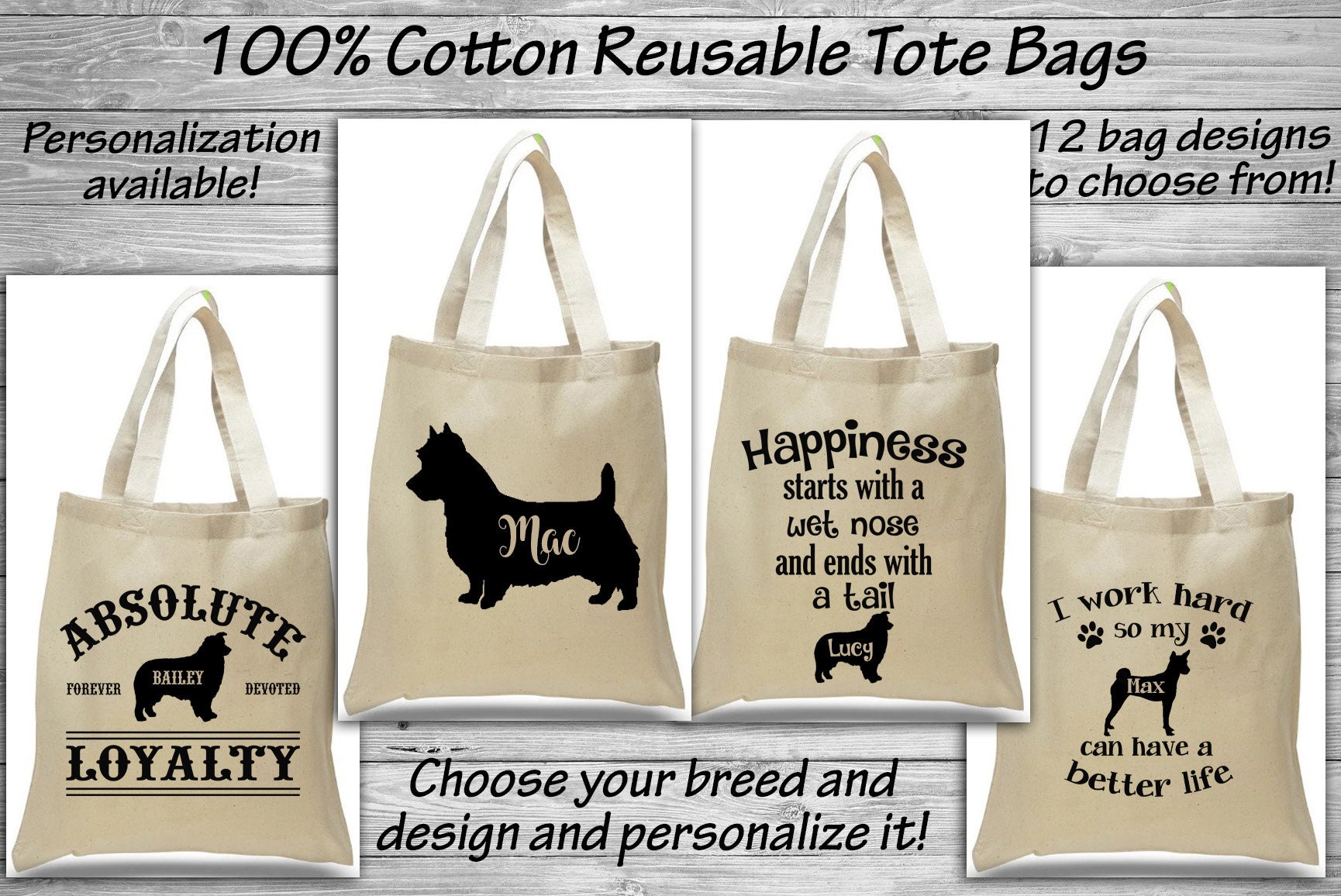 Australian Shepherd - Terrier Basenji Baumwolltasche Einkaufssack Hundepflege Wiederverwendbar Umweltfreundlich von WaterfallGlenDesigns