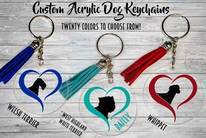 Welsh Terrier - West Highland White Whippet Personalisierte Klare Acryl Schlüsselanhänger Mit Quaste Hund Geschenk Gepäck Tag Rucksack Charme Welsh Terrier - West Highland White Whippet Personalisierte Klare Acryl Schlüsselanhänger Mit Quaste Hund Geschenk Gepäck Tag Rucksack Charme von WaterfallGlenDesigns