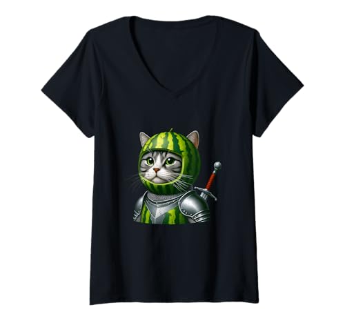 Damen Wassermelone Ritter Katze Cosplay Fantasy Humor T-Shirt mit V-Ausschnitt Damen Wassermelone Ritter Katze Cosplay Fantasy Humor T-Shirt mit V-Ausschnitt von Watermelon Knight Collection