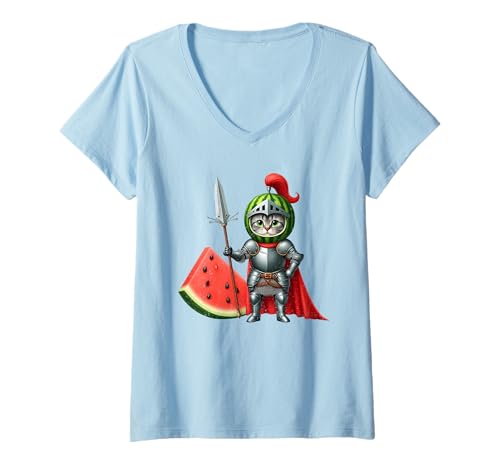 Damen Wassermelone Ritter Katze Cosplay Fantasy Humor T-Shirt mit V-Ausschnitt Damen Wassermelone Ritter Katze Cosplay Fantasy Humor T-Shirt mit V-Ausschnitt von Watermelon Knight Collection