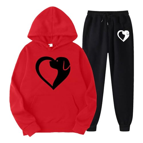 Damen Trainingsanzüge Set 2 Stück Sport Set Zweiteiler Outfit mit Hundepfoten Liebesdruck Herbst Winter Warme Kapuzenpullover Lang Sweathose mit Elastische Taille Teenager Mädchen Jumpsuit Sweatsuit von Watopi