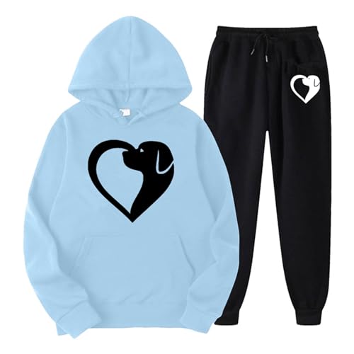 Damen Trainingsanzüge Set 2 Stück Sport Set Zweiteiler Outfit mit Hundepfoten Liebesdruck Herbst Winter Warme Kapuzenpullover Lang Sweathose mit Elastische Taille Teenager Mädchen Jumpsuit Sweatsuit von Watopi