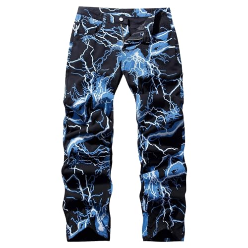 Jeanshosen Herren Hose mit Weitem Bein Jeans Casual Relaxed Fit Lightning Print Tie Dye Jeans Jeanshose Denim Hosen Baggy Hip Hop Jeans Vintage Drucken Y2K Straight Leg Streetwear von Watopi