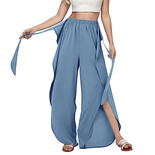 Sommerhose Damen Culottes Hosen Luftig Leicht Yogahose 7/8 Damen Wickelhose mit Schlitz Weites Bein Rüschen Hose Casual Bequeme Sporthose für Frauen Schlaghose von Watopi