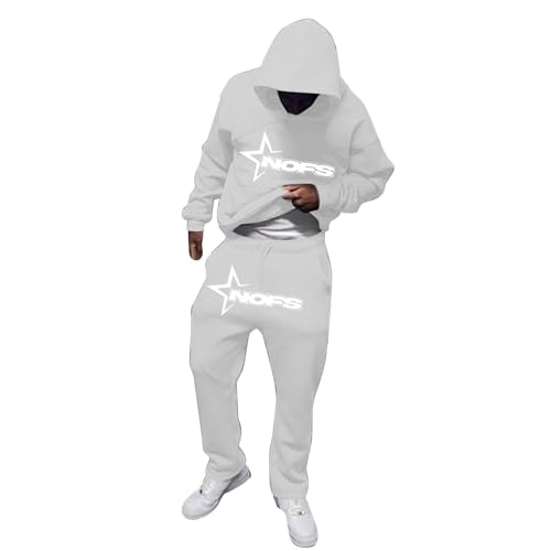 Watopi Herren Nofs 2 Stück Anzug Jogginganzug Y2K Hip Hop Streetwear Tracksuit mit Buchstaben Druck Mode Bequeme Lose Hoodies und Jogginghose für Männer Mode Trainingsanzüge von Watopi