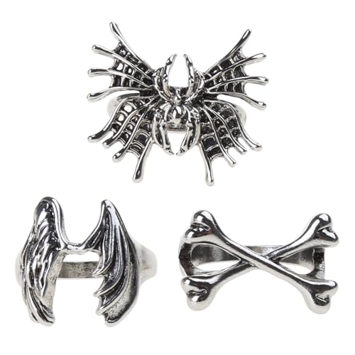 Watreketal 3 PCs Punk Verlorene Angel Spinnen Schmetterlinge Gekreuzte Knochenfinger Ringe Für Frauen Ästhetische Gothische Insekt Roman Ringe Schmuck Verlorene Engel Spinnen Schmetterlinge Gekreuzt von Watreketal
