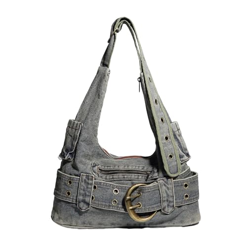 Watreketal Anspruchsvolle Multifunktionale Denims Satchel Mit Vintage Gewaschener Textur Für Frauen Punk Schnallen Jeans Große Umhängetasche Gewaschener Denims Umhängetasche von Watreketal