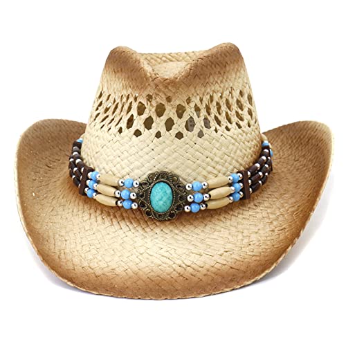 Watreketal Cowboy Hut,Unisex Häkeln Anti-uv Cowboy Hut für Sonne für Schutz Party Hut mit Türkis Dekor Cowboy Hut Top mit Lar von Watreketal