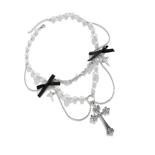 Watreketal Gothic Crosses Charm Halskette Nervös Kreuzt Bowknot Halskoker Mit Perlen Und Quasten Für Party Und Täglich Vielseitiger Partyschmuck von Watreketal
