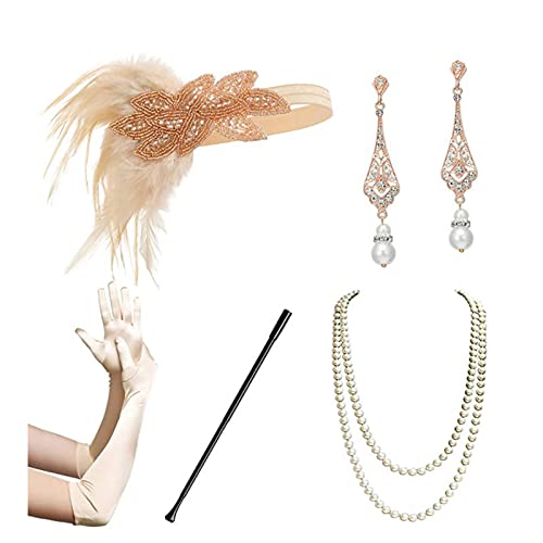 Watreketal Haarband,Flapper-Accessoires für Damen im Stil der 1920er Jahre, Kostüm-Zubehör, Roaring 20s Flapper, Stirnband, Ohrringe, Handschuhe, Halsketten-Set von Watreketal