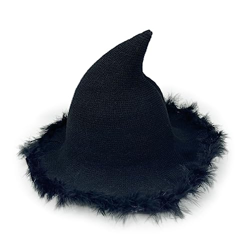 Watreketal Haarband,Halloween Hexenhut aus Strick, pelzige Krempe, Partyhut für Damen, Zaubererhut, Unisex, Hexenkappe, Cosplay-Kostüm, weiblicher Urlaubs-Kopfschmuck von Watreketal