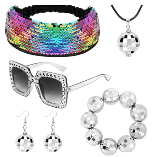 Watreketal Haarband,Mode-Set 1970er Jahre Party-Accessoires Glitzerndes Stirnband Brille Halskette Ohrringe Armband für Retro-Partys von Watreketal