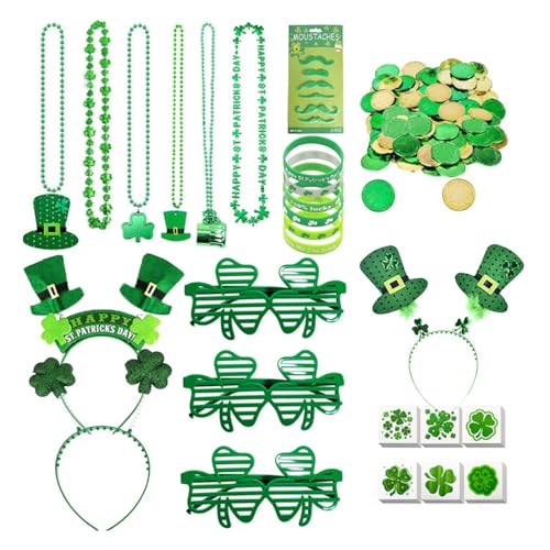 Watreketal Haarband,Patricks Day Outfit Set Grünes Kostüm Stirnband Körperaufkleber Armband Halskette Münze Brille Kostüm Set von Watreketal