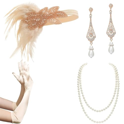 Watreketal Haarband,Weibliches Flapper-Kostüm GatsbyParty Stirnband Halskette Ohrringe Handschuhe 1920er Jahre Vintage Cosplay Party Kostüm Zubehör Set von Watreketal