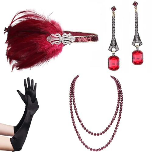Watreketal Haarband,Weibliches Flapper-Kostüm GatsbyParty Stirnband Halskette Ohrringe Handschuhe 1920er Jahre Vintage Cosplay Party Kostüm Zubehör Set von Watreketal