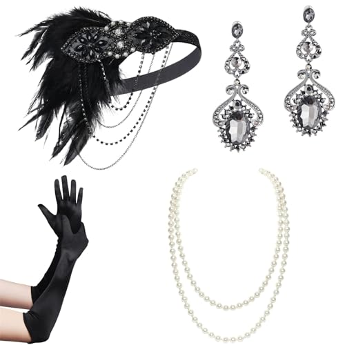 Watreketal Haarband,Weibliches Flapper-Kostüm GatsbyParty Stirnband Halskette Ohrringe Handschuhe 1920er Jahre Vintage Cosplay Party Kostüm Zubehör Set von Watreketal