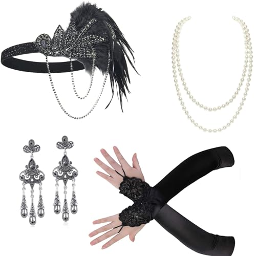 Watreketal Haarband,Weibliches Flapper-Kostüm GatsbyParty Stirnband Halskette Ohrringe Handschuhe 1920er Jahre Vintage Cosplay Party Kostüm Zubehör Set von Watreketal