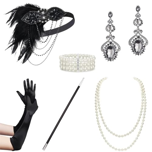 Watreketal Haarband,Weibliches Flapper-Kostüm GatsbyParty Stirnband Halskette Ohrringe Handschuhe 1920er Jahre Vintage Cosplay Party Kostüm Zubehör Set von Watreketal