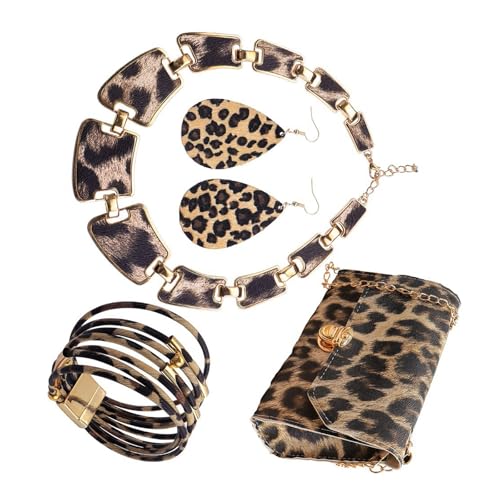 Watreketal Mode Leopardenschmuck Set Für Frauen Geldbeutel Ohrringe Halskette Tierdruckzubehör Trendy Leopardenmuster Armband Halskette Ohrringe Geldbeutel von Watreketal