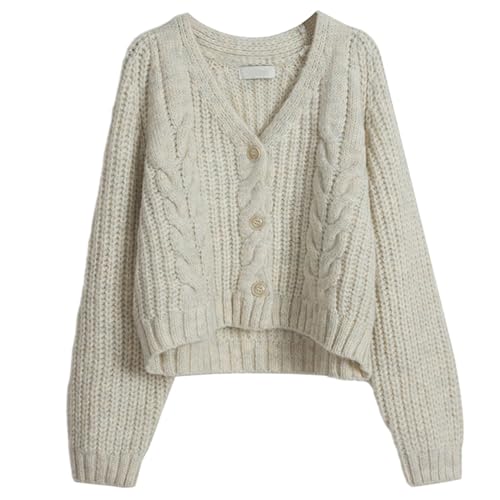 Watreketal Pullover Damen,Herbstlicher V-Ausschnitt Einreihiger Lockerer Strick-Cardigan Für Damen Langärmeliger Einfarbiger Zopfmuster-Strickmantel Lockerer Kurzer Pullover von Watreketal