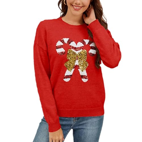 Watreketal Pullover Damen,Weihnachtspullover Für Damen Mit Pailletten Und Zuckerstangen-Motiv Und Schleifendetail Langärmelig Rundhalsausschnitt Festliche Weiche Strickware von Watreketal