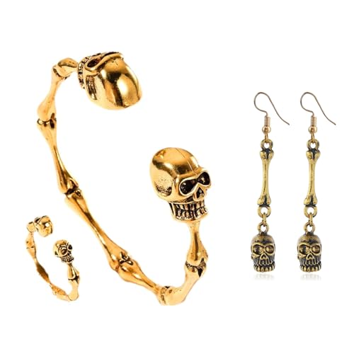Watreketal Schädel Skelettschmuck Set Modes Armband Ohrringe Ringe Accessoires Halloween Ornamente Für Männer Und Frauen Unisex Mode Ornamente von Watreketal