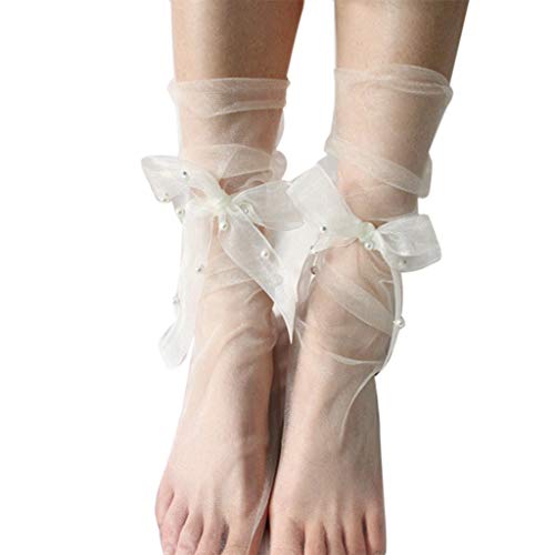 Watreketal Socken,Damen Vintage Ultradünne durchsichtige lässige Söckchen mit süßer Schleife Imitationsperlen und Perlenbesatz durchsichtiges Netz Tüll lockere Strumpfwaren von Watreketal