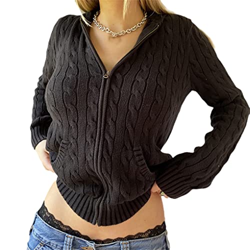 Vintage Kapuzenpullover Damen Herbst Winter Zip Up Jacke Weibliche Strickpullover Cropped Cardigan B-Black L von Watrpro