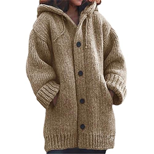 Watrpro Damen Strickjacke Knöpfe Verschluss Kordelzug Taschen Mit Kapuze Mode Strickjacke Weiblich Khaki 1 4XL von Watrpro