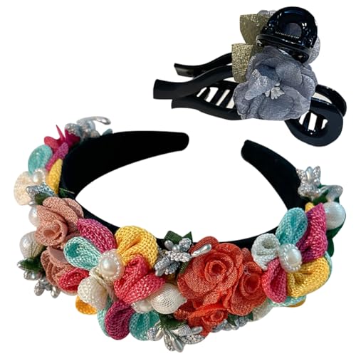 Haarklammern Damen Rutschfeste Haarreifen Mädchen Breite Haarbänder Blumen Vintage Haarschmuck 2 Stück von Watwass