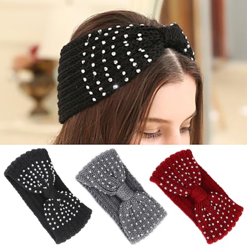 Mode Stirnband Breite Damen Winter Haarbänder Gestrickte Elegante Kopfband Mädchen Strass Haar Bandana 3 Stück von Watwass