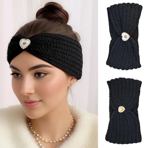 Stirnbänder Damen Breite Haar Bandana Winter Frühling Mode Stirnband Mädchen Gestrickte Haarband Strass 2 Stück von Watwass