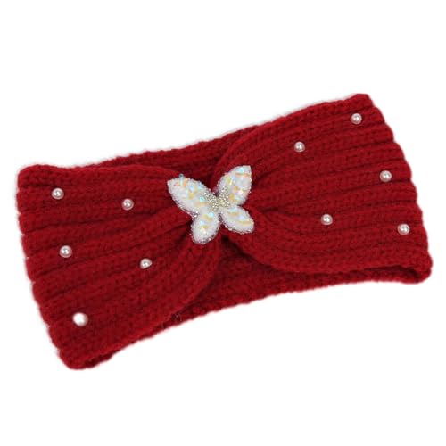 Stirnbänder Damen Rot Gestrickte Haarbänder Mädchen Schmetterling Kopfband Perlen Mode Haarband Breite Atmungsaktiver von Watwass