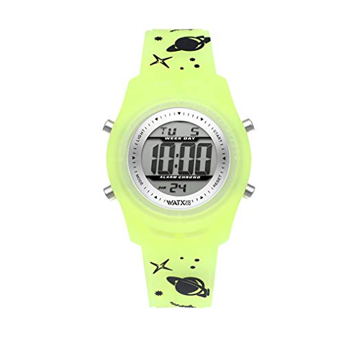 Watx Digital-Armbanduhr für Kinder, aus der Space-Kollektion, digitales Zifferblatt mit silberfarbener Lünette und fluoreszierendem gelbes Armband mit Weltraum-Muster, leuchtet im Dunkeln, 5 ATM, 38 mm, Referenz Space1_S von Watx