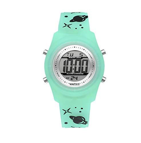 Watx Digitaluhr für Kinder, aus der Space-Kollektion, digitales Zifferblatt mit silberfarbener Lünette und fluoreszierendem grünem Armband mit Space Muster, leuchtet im Dunkeln, 5 ATM, 38 mm, Referenz Space2_S von Watx