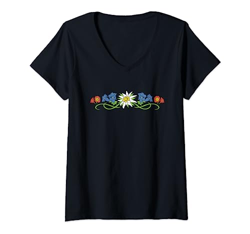 Damen Die schönsten Alpenblumen - Edelweiß Enzian Alpenrose T-Shirt mit V-Ausschnitt Damen Die schönsten Alpenblumen - Edelweiß Enzian Alpenrose T-Shirt mit V-Ausschnitt von Watzmann Königssee Berchtesgaden