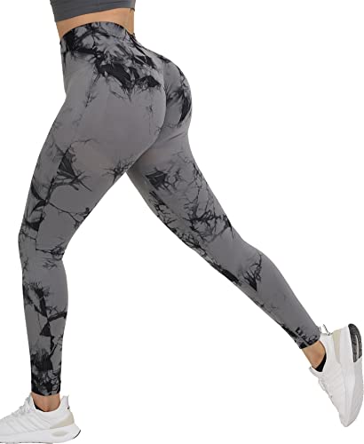 Wavar Tie Dye Scrunch Butt Lifting Nahtlose Leggings für Frauen Hohe Taille Yogahose Bauchkontrolle Laufen Workout Tight, GRAU, S von Wavar