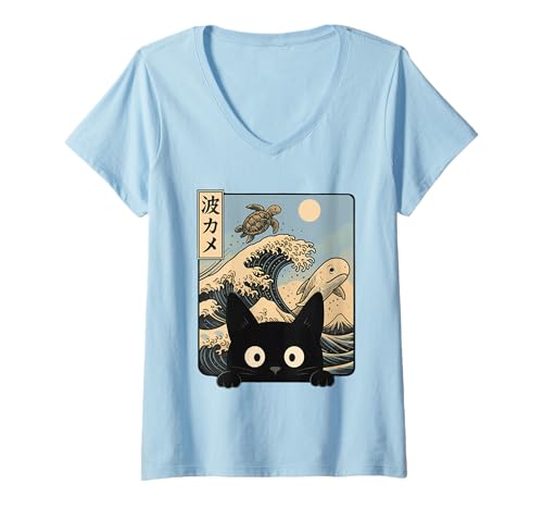 Damen Wave Kawaii Cat Japanese Vintage Aesthetic Anime T-Shirt mit V-Ausschnitt Damen Wave Kawaii Cat Japanese Vintage Aesthetic Anime T-Shirt mit V-Ausschnitt von Wave Kawaii Cat Japanese Vintage Aesthetic Tees