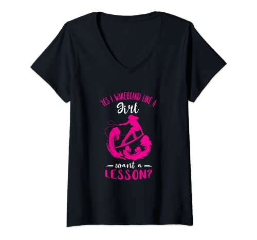 Damen Wakeboard Wakeboard Like A Girl Wakeboard T-Shirt mit V-Ausschnitt Damen Wakeboard Wakeboard Like A Girl Wakeboard T-Shirt mit V-Ausschnitt von Wave Riding Water Sport Wakeboard Lover