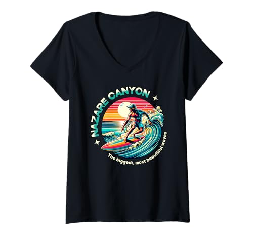 Damen Nazare Biggest Wave Surfing Surf in Portugal Men Surfer T-Shirt mit V-Ausschnitt Damen Nazare Biggest Wave Surfing Surf in Portugal Men Surfer T-Shirt mit V-Ausschnitt von Wave Surfer Nazare Beach Surfing Portugal