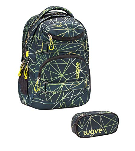 Wave Infinity Grün Schulrucksack Set 2 - teilig mit Laptopfach Tabletfach / 43 x 31 x 22 cm / 30 Liter/Unisex Jungen Mädchen/Rucksack Daypack Gün Schwarz (338-72/A Set1 Stripes Green) von Wave