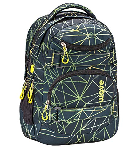 Wave Infinity Schwarz Grün Schulrucksack mit Laptopfach Tabletfach/Brustgurt Hüftgurt / 43 x 31 x 22 cm / 30 Liter/Unisex, Jungen, Mädchen/Rucksack Daypack (338-72/A Stripes Green) von Wave