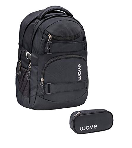 Wave Infinity Schwarz Schulrucksack Set 2 - teilig mit Laptopfach Tabletfach / 43 x 31 x 22 cm / 30 Liter/Unisex, Jungen, Mädchen/Rucksack Daypack (338-72/A Set1 Black) von Wave