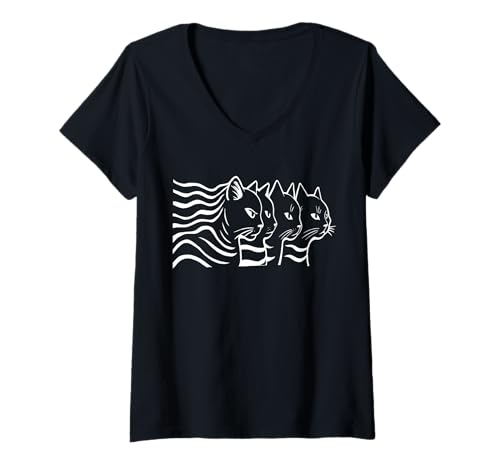 Damen Abstrakte Katzenwelle, optische Täuschung, Linienkunst-Design T-Shirt mit V-Ausschnitt Damen Abstrakte Katzenwelle, optische Täuschung, Linienkunst-Design T-Shirt mit V-Ausschnitt von Waveform Cat Line Art Designs