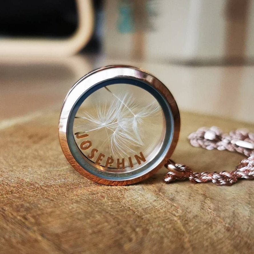 Halskette Personalisiert Mit Namen Und Samen Von Löwenzahn, Pusteblumen Kette Medaillon, Glücksbringer Aus Edelstahl Rosegold Halskette Personalisiert Mit Namen Und Samen Von Löwenzahn, Pusteblumen Kette Medaillon, Glücksbringer Aus Edelstahl Rosegold von Wavelry