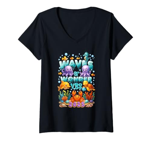 Damen Waves of Wonder VBS Ocean Sea Life Christliches Glaubenscamp T-Shirt mit V-Ausschnitt Damen Waves of Wonder VBS Ocean Sea Life Christliches Glaubenscamp T-Shirt mit V-Ausschnitt von Waves O f Wonder VBS Ocean Sea Life Christian
