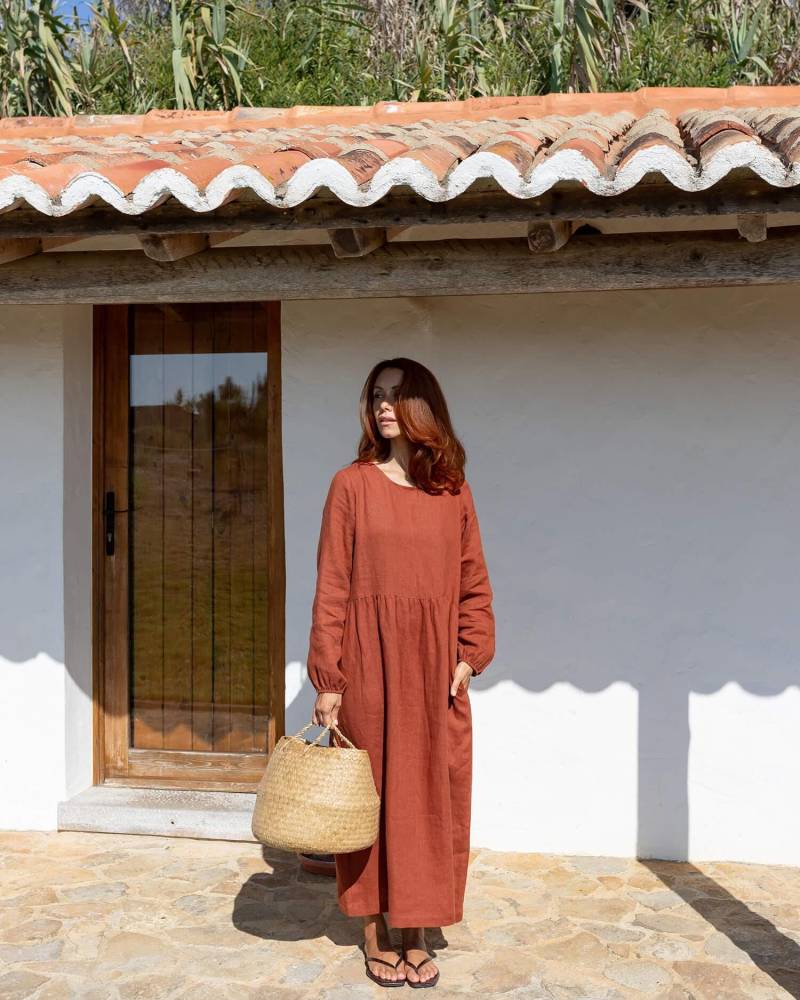 Versandfertig/Langarm Leinenkleid Anna Loose Fit Langes Kleid Umstandskleid Herbstkleid von WavyLinen