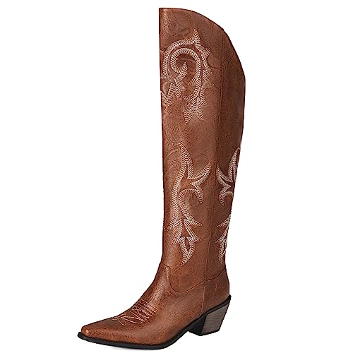 Wavyvigs Damen Cowboy Boots Kniehohe Klobiger Absatz Vintage Stickereien Cowgirl Western Stiefel Braun Größe 40 von Wavyvigs